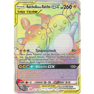 Raichu & Alola-Raichu GX Tag Team 241/236 Rainbow Rare Pokémon Bund der Gleichgesinnten Sammelkarte - Deutsch